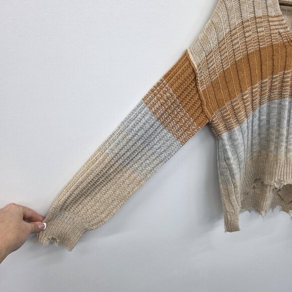 Womens XS Distressed V Neck Striped Knit Sweater Beige Tan Gray Boho Grunge - Picture 8 of 15